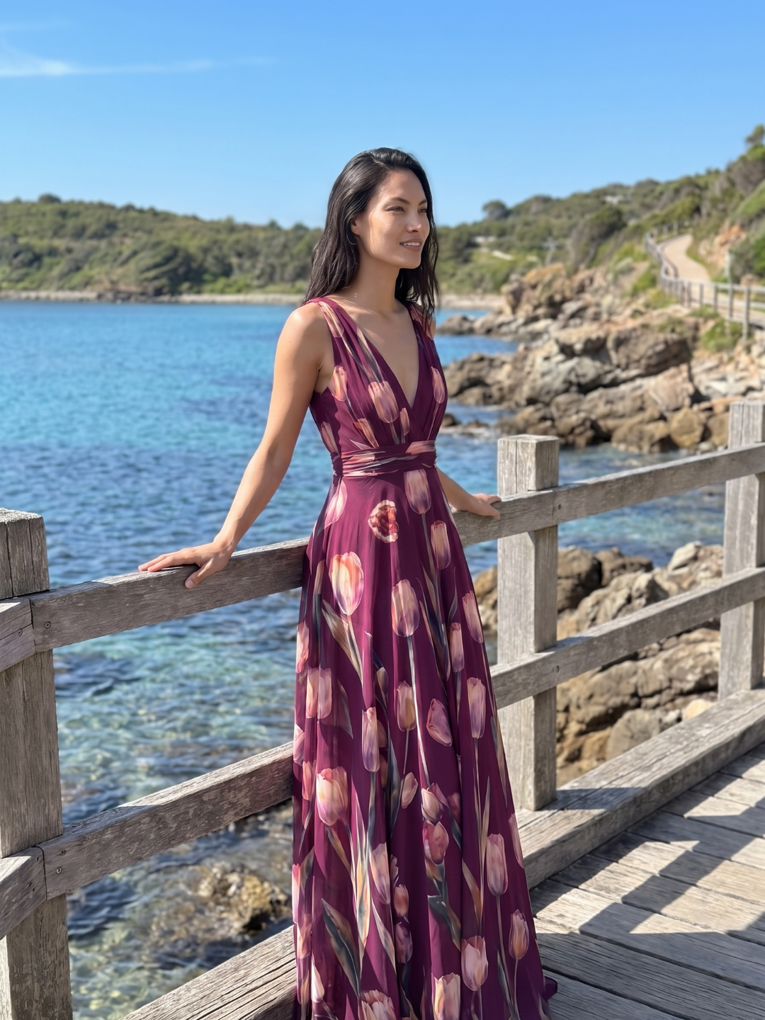 Verity | Tulip Print V-Neck Pleated Maxi Dress