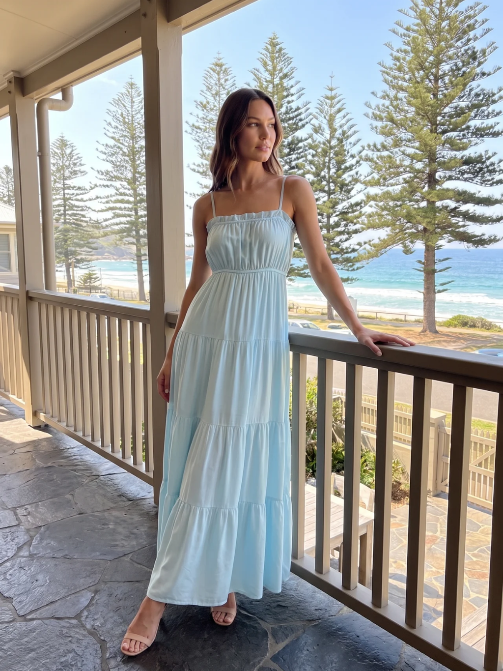 Fiorella | Frill Trim Cinched Waist Tiered Maxi Dress