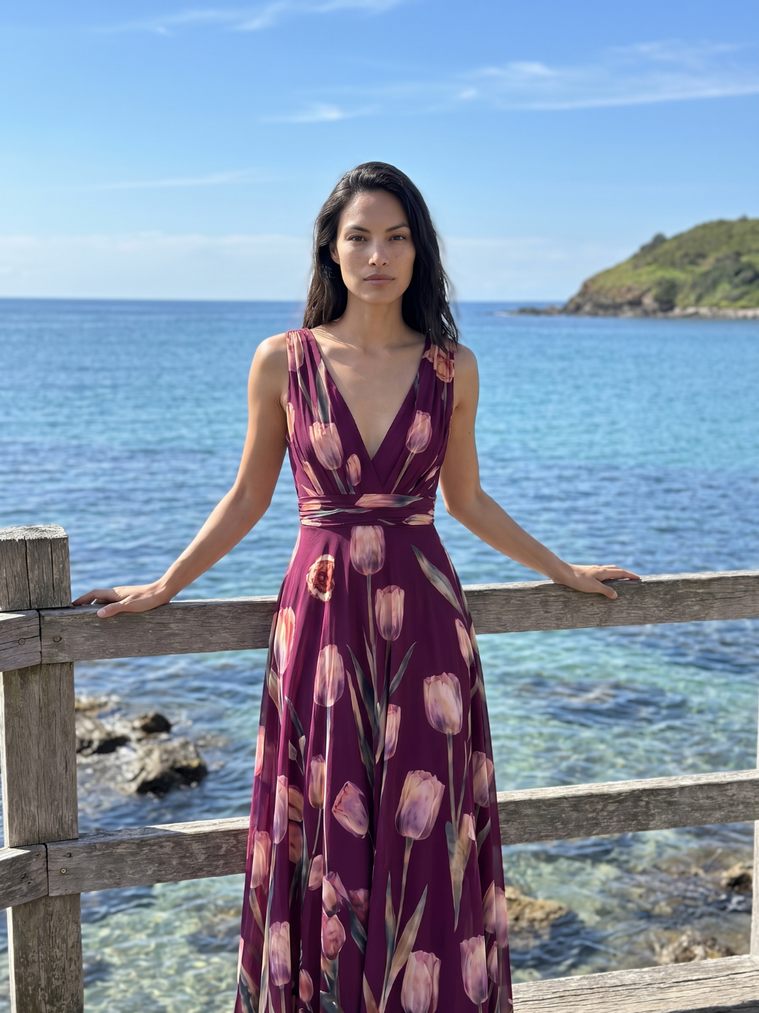 Verity | Tulip Print V-Neck Pleated Maxi Dress