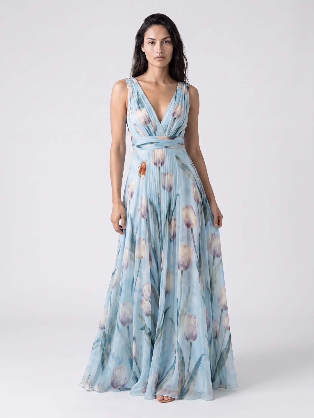 Verity | Tulip Print V-Neck Pleated Maxi Dress