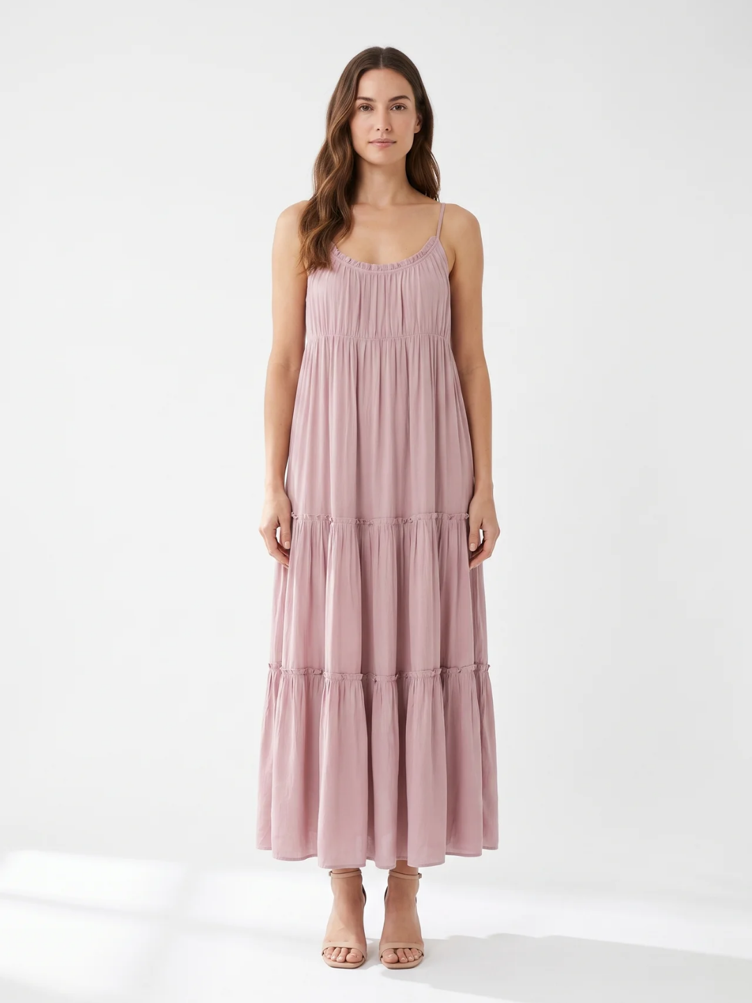 Henrietta | Ruched Neckline Frill Tiered Flowy Maxi Dress