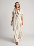 Marisol | Embroidered Collar V-Neck Cotton Linen Maxi Dress