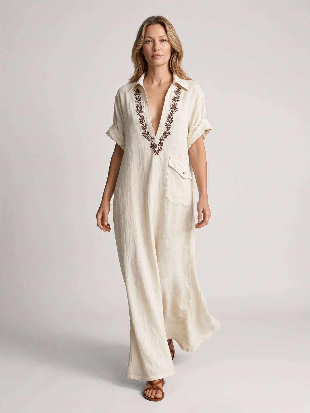Marisol | Embroidered Collar V-Neck Cotton Linen Maxi Dress