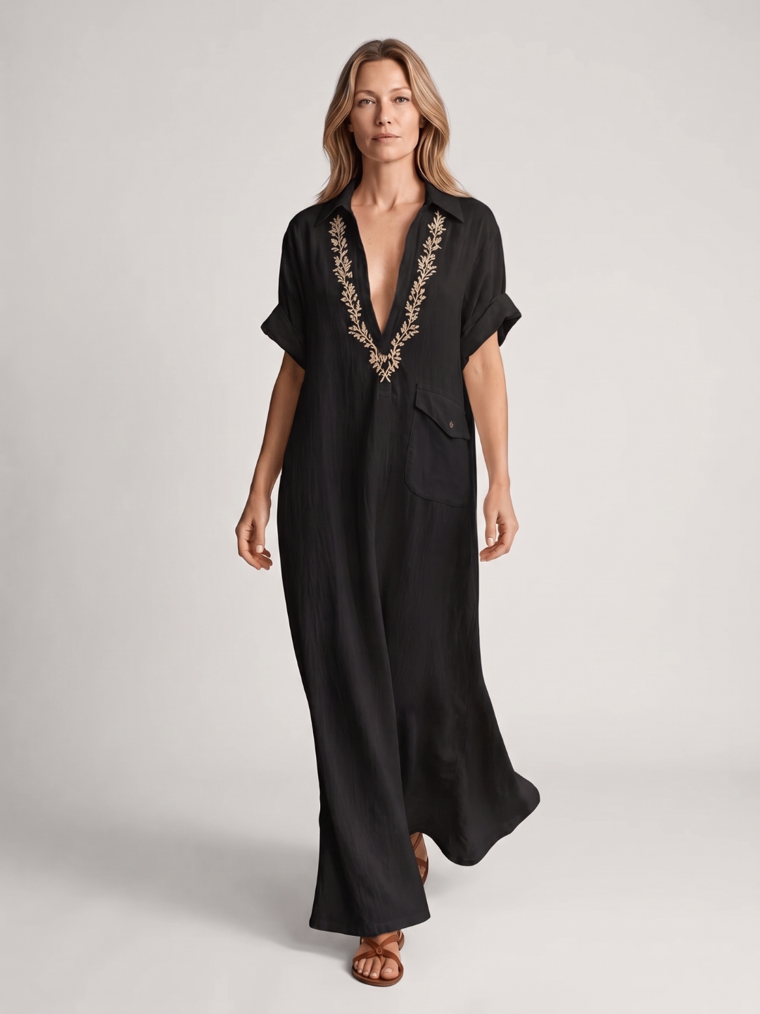 Marisol | Embroidered Collar V-Neck Cotton Linen Maxi Dress