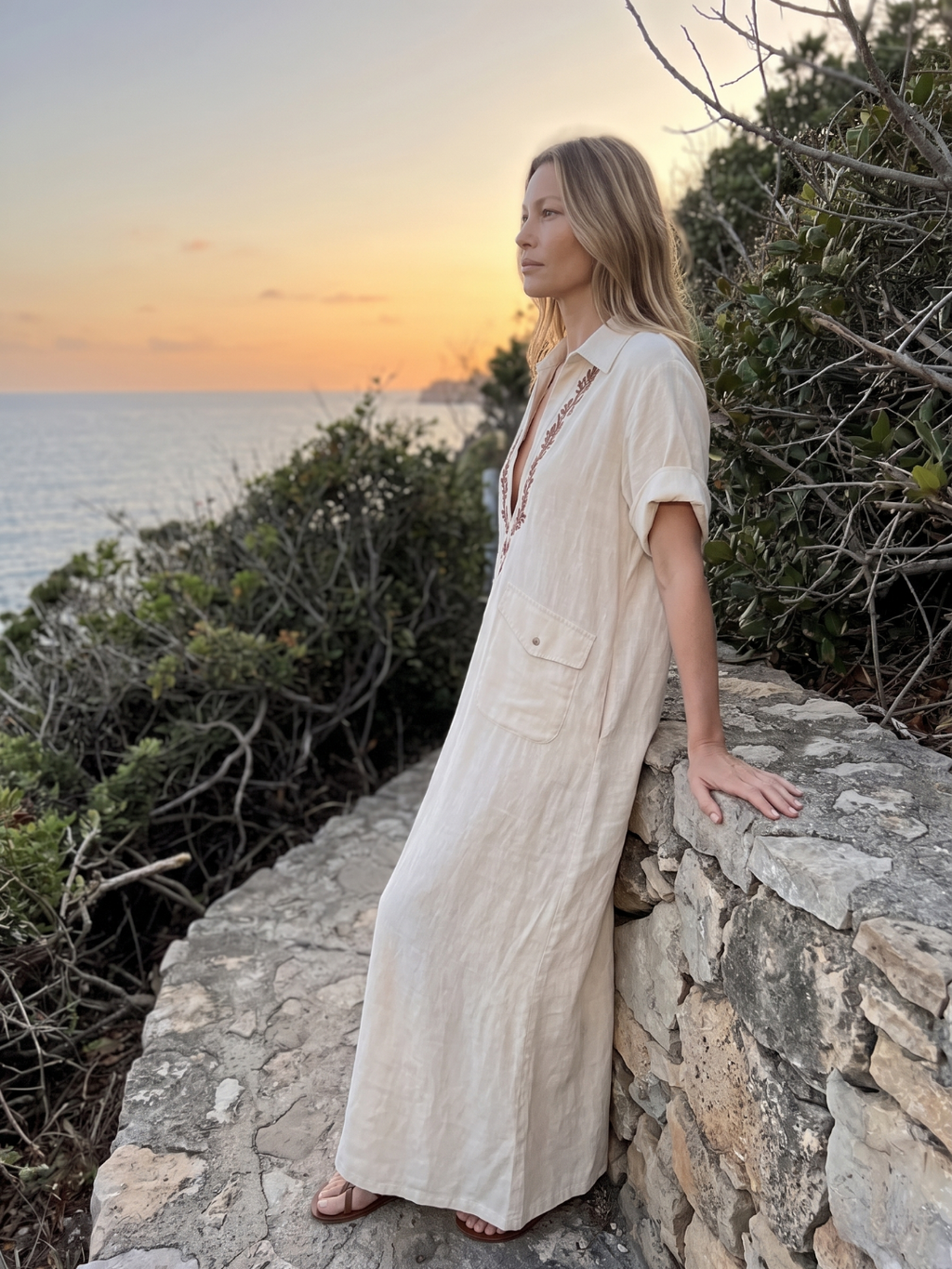 Marisol | Embroidered Collar V-Neck Cotton Linen Maxi Dress
