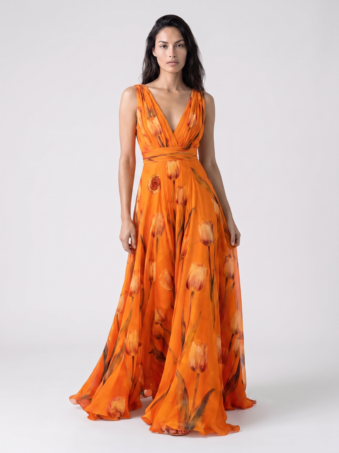 Verity | Tulip Print V-Neck Pleated Maxi Dress