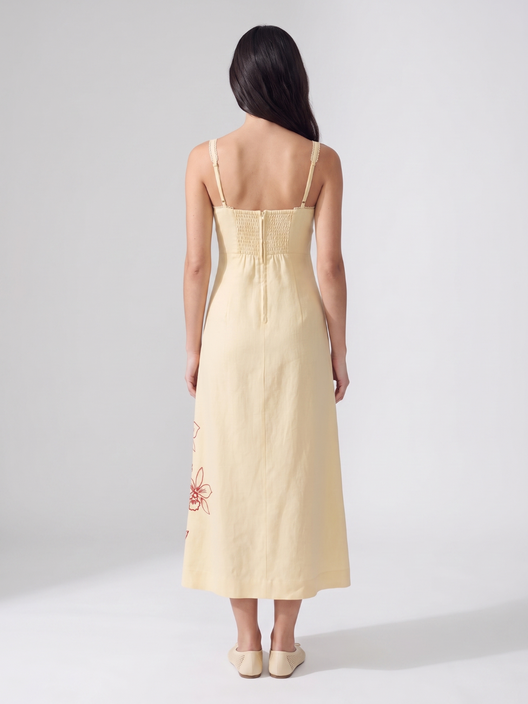 Antonella | Embroidered Floral Sweetheart Linen Midi Dress