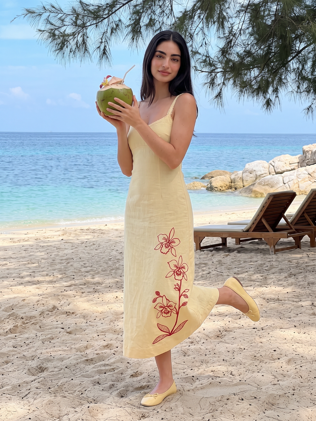 Antonella | Embroidered Floral Sweetheart Linen Midi Dress