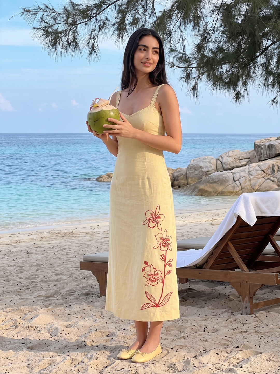 Antonella | Embroidered Floral Sweetheart Linen Midi Dress