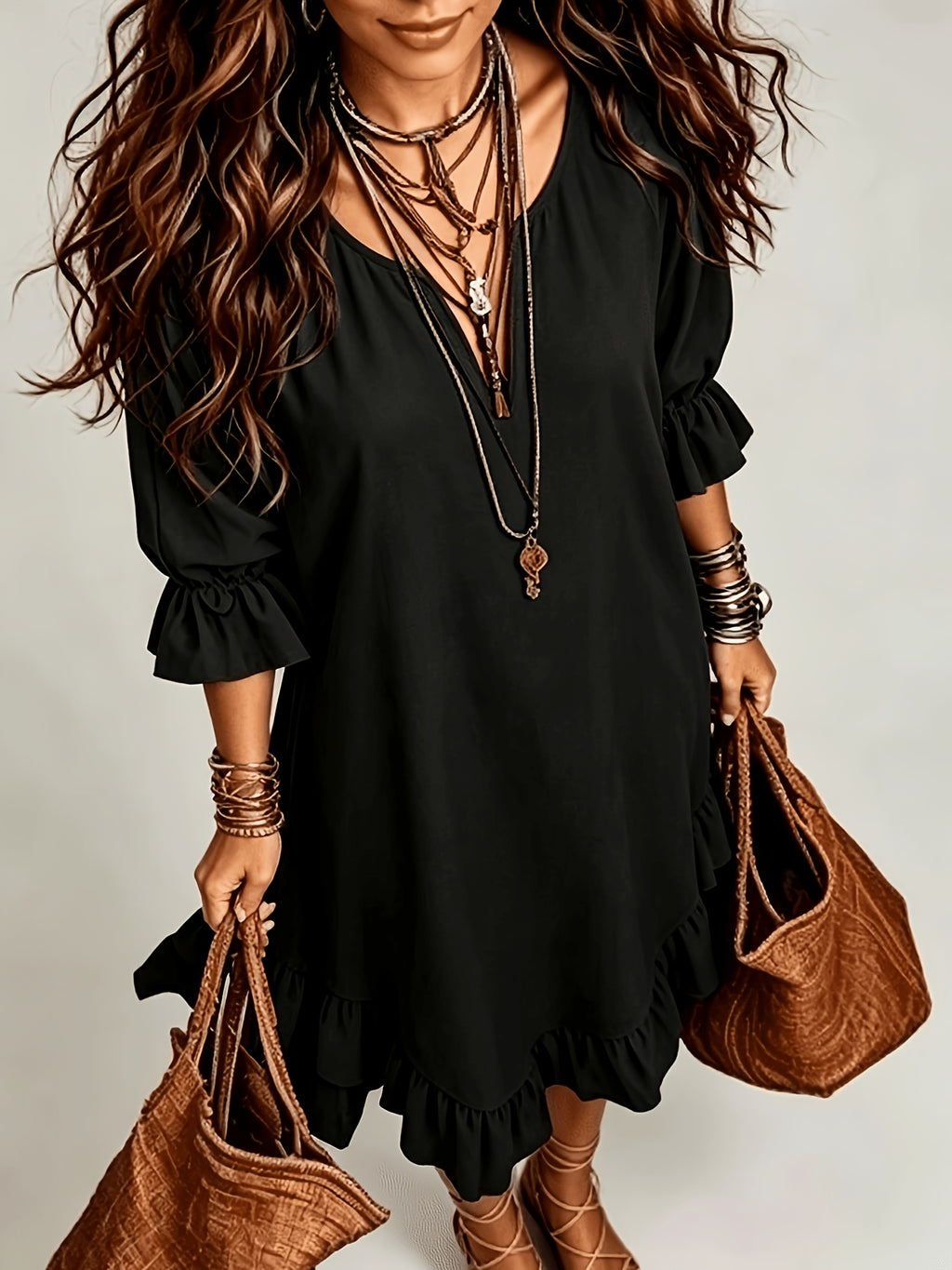 Blakely | Ruffle Sleeve V-Neck Midi Dress