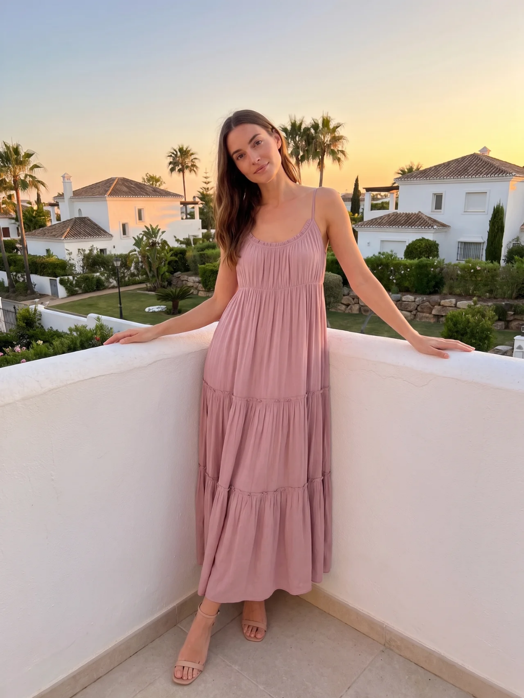 Henrietta | Ruched Neckline Frill Tiered Flowy Maxi Dress