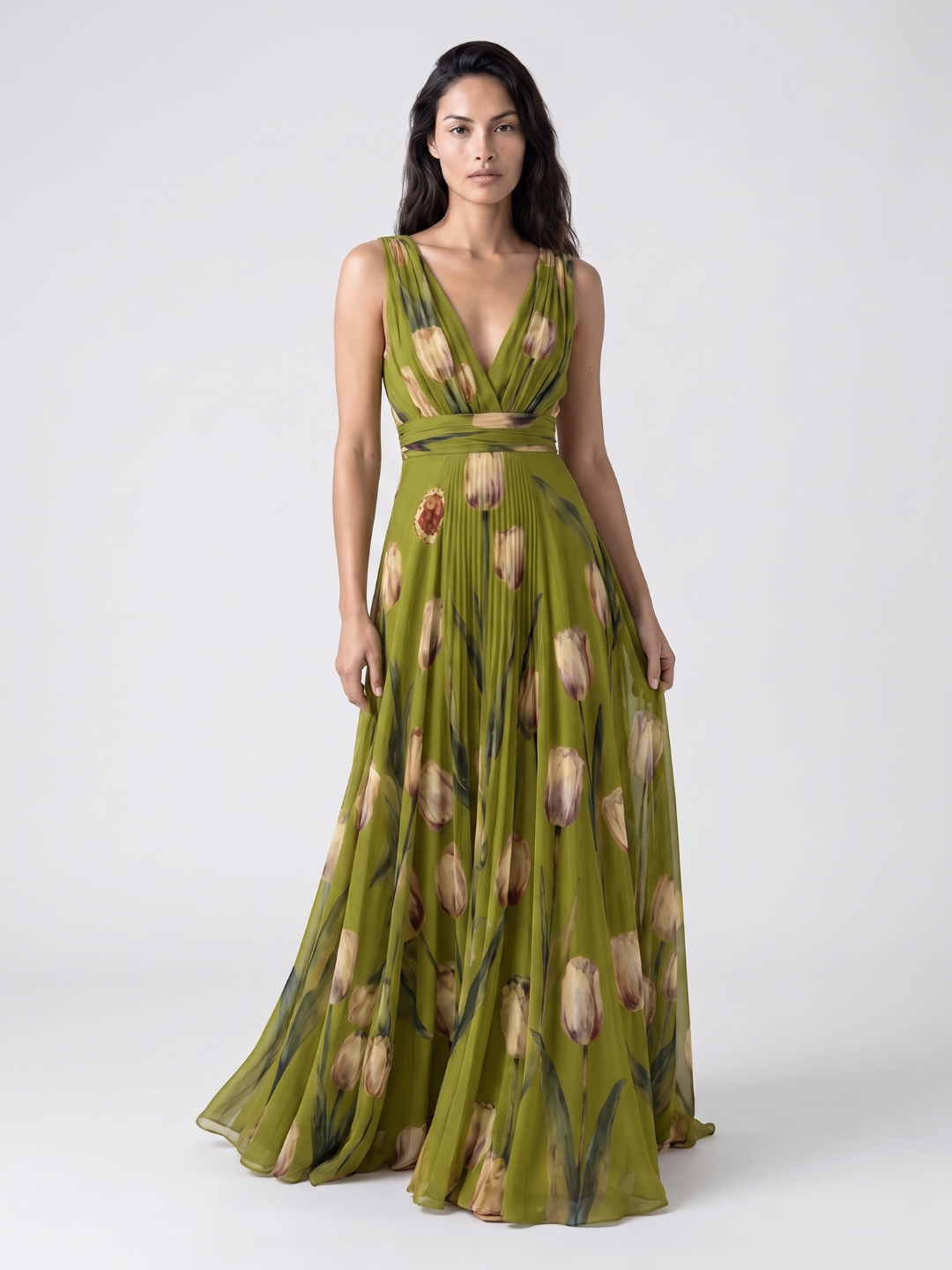 Verity | Tulip Print V-Neck Pleated Maxi Dress