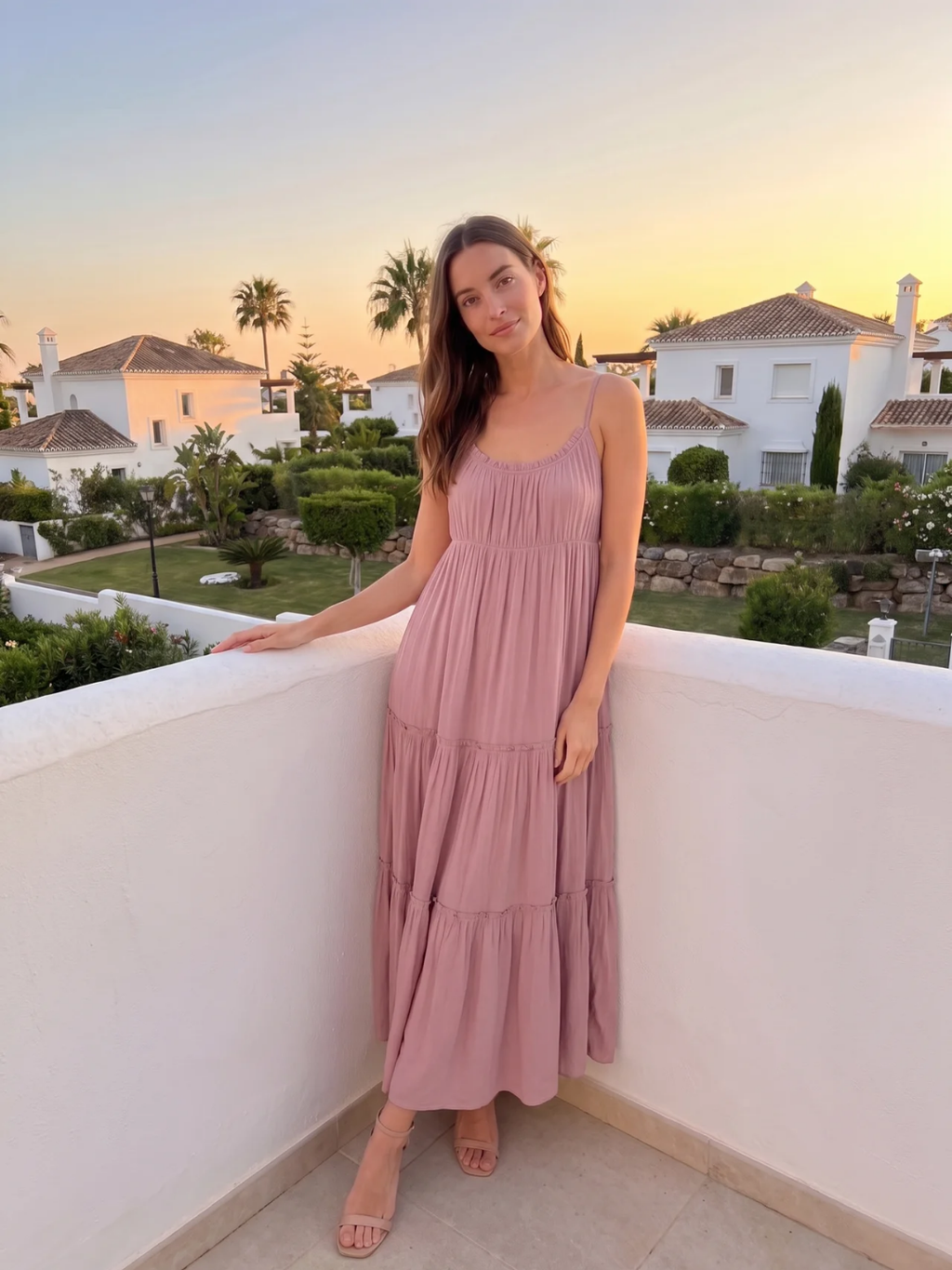 Henrietta | Ruched Neckline Frill Tiered Flowy Maxi Dress
