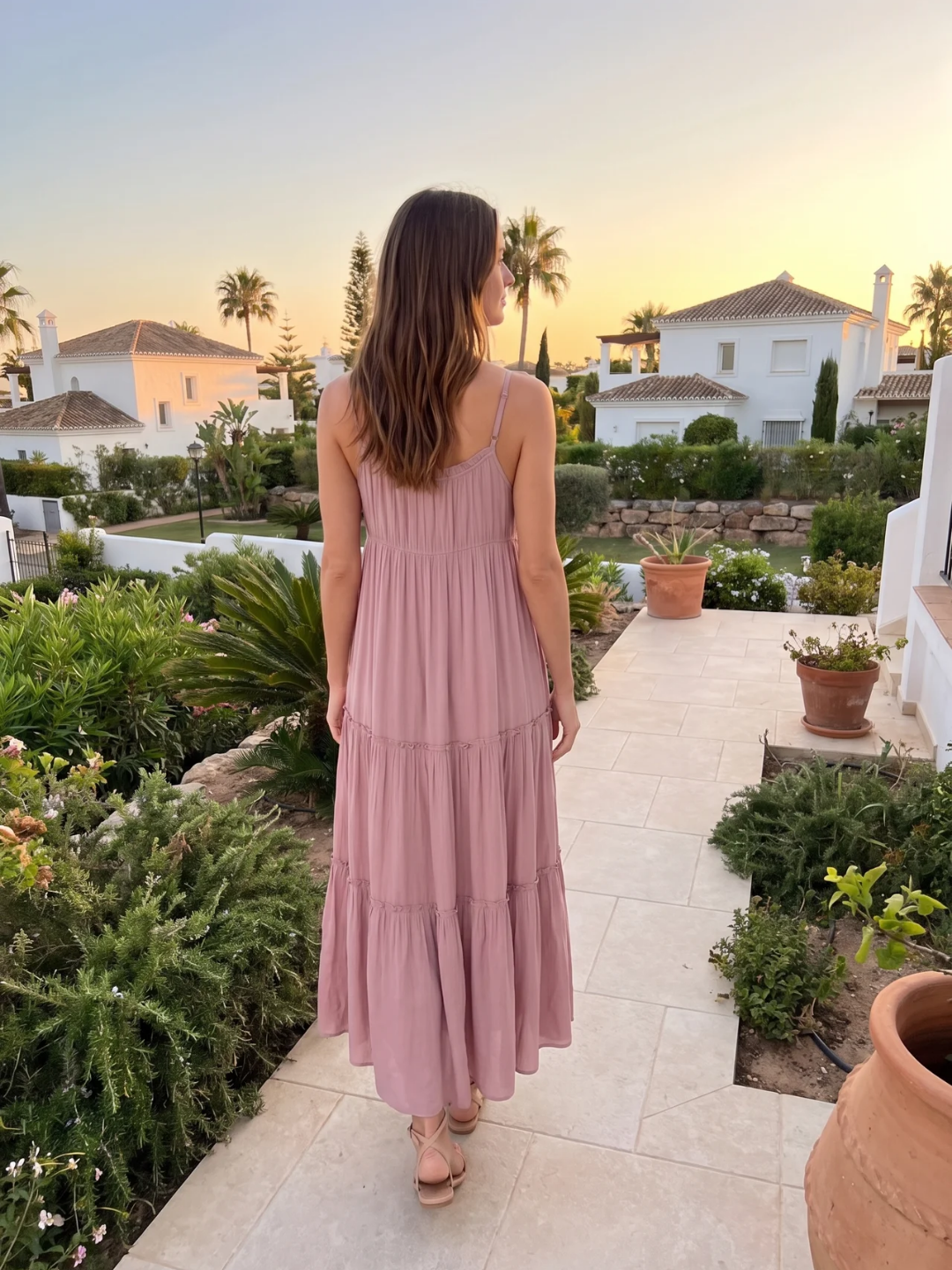 Henrietta | Ruched Neckline Frill Tiered Flowy Maxi Dress
