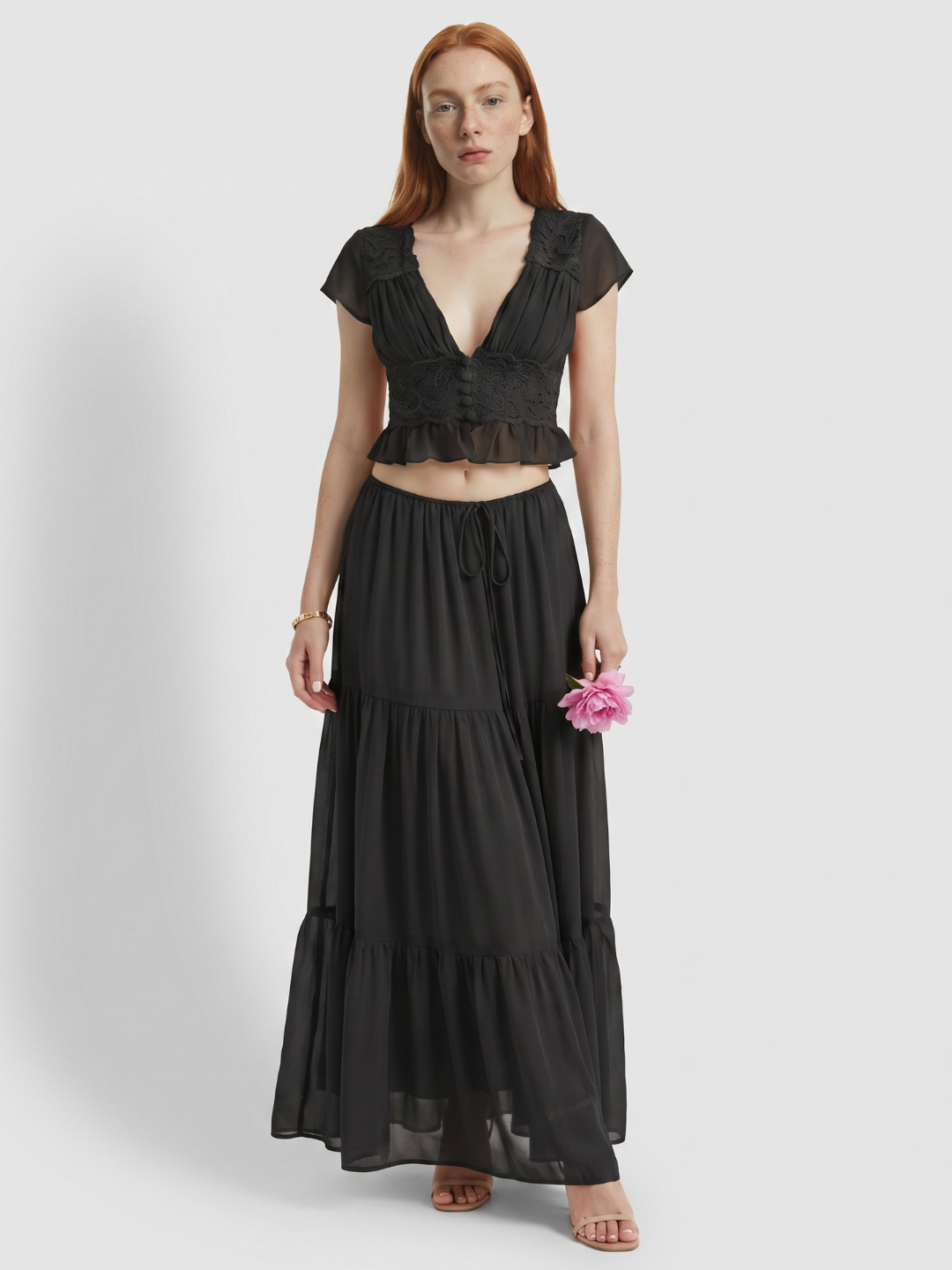 Annelise | Lace Trim Crop Top Tiered Maxi Skirt Set