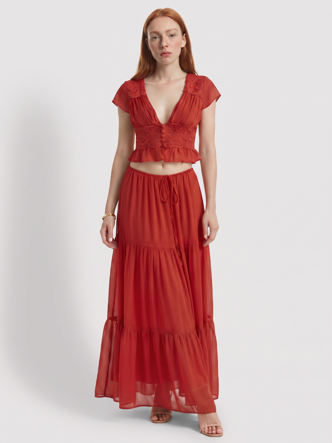 Annelise | Lace Trim Crop Top Tiered Maxi Skirt Set