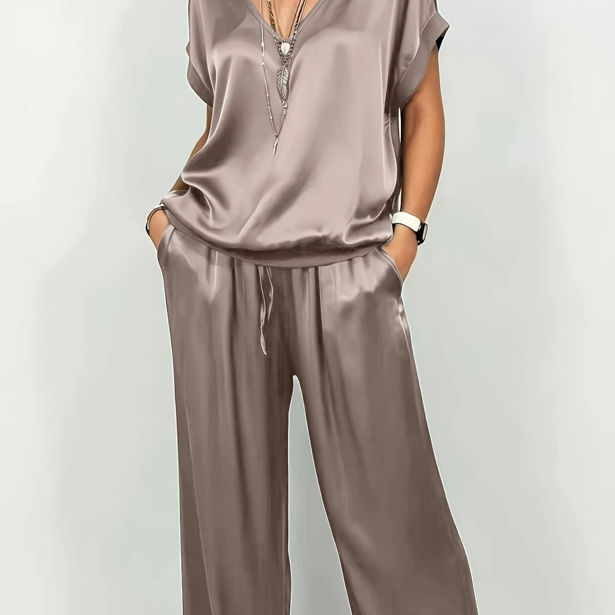 Wren | Satin V-Neck Top and Wide-Leg Pants Set
