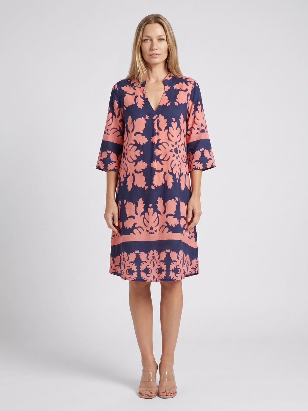 Talia | Damask Print Split Neck Shift Midi Dress