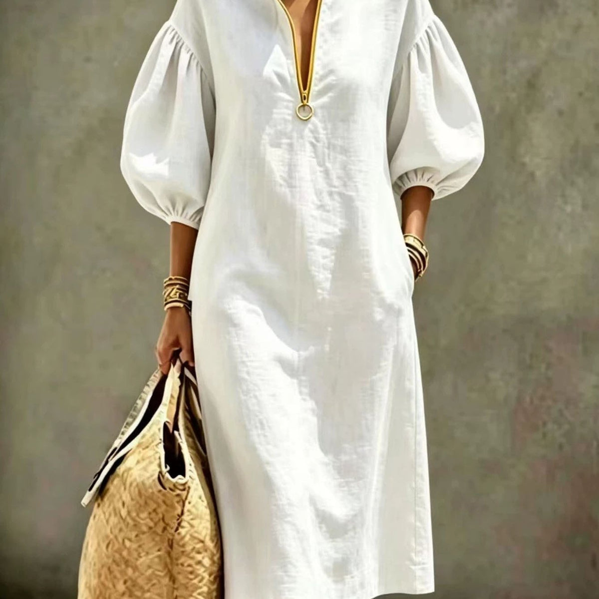 Palmer | Stand Collar Half-Zip Puff Sleeve Midi Dress