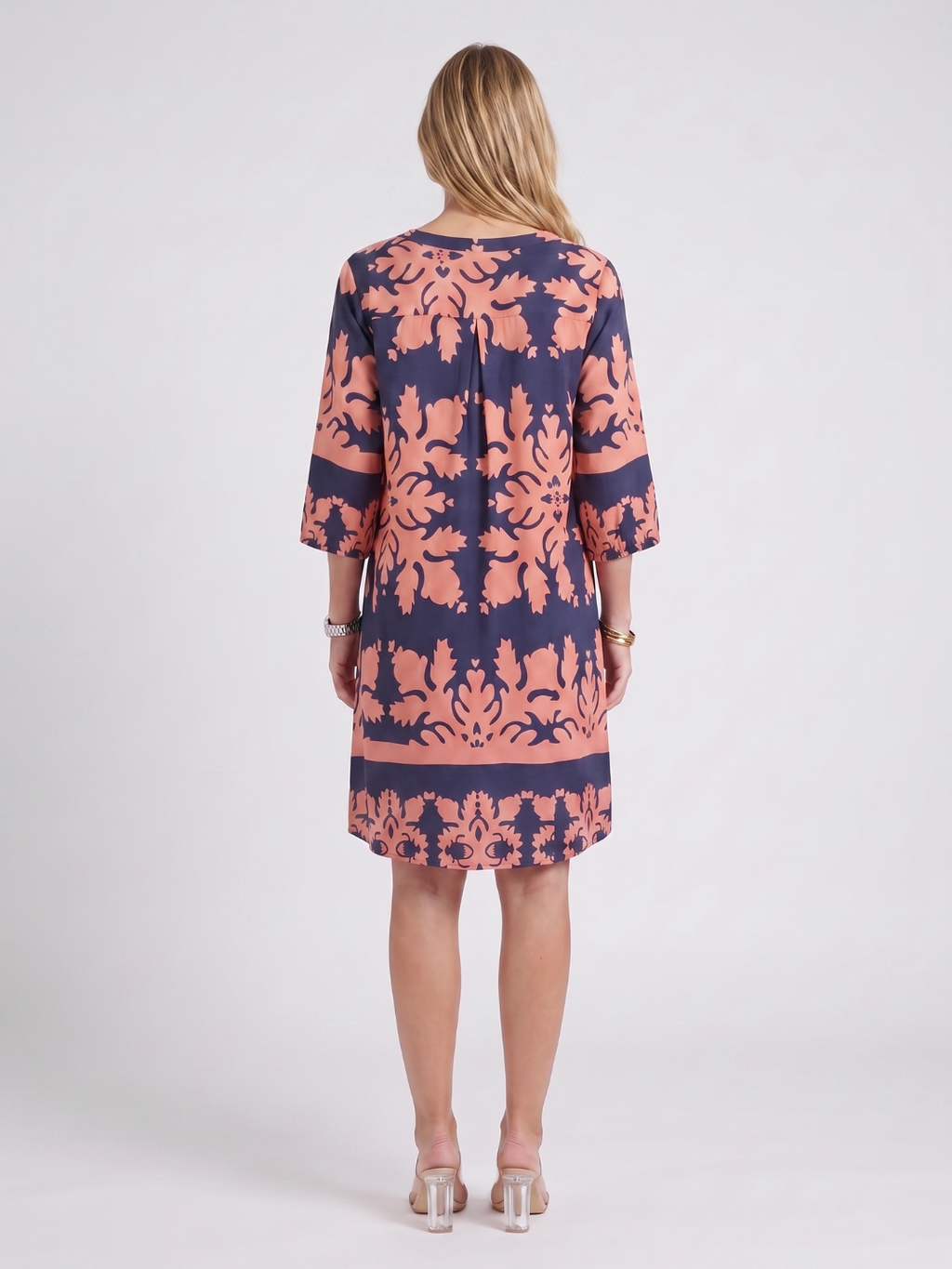 Talia | Damask Print Split Neck Shift Midi Dress