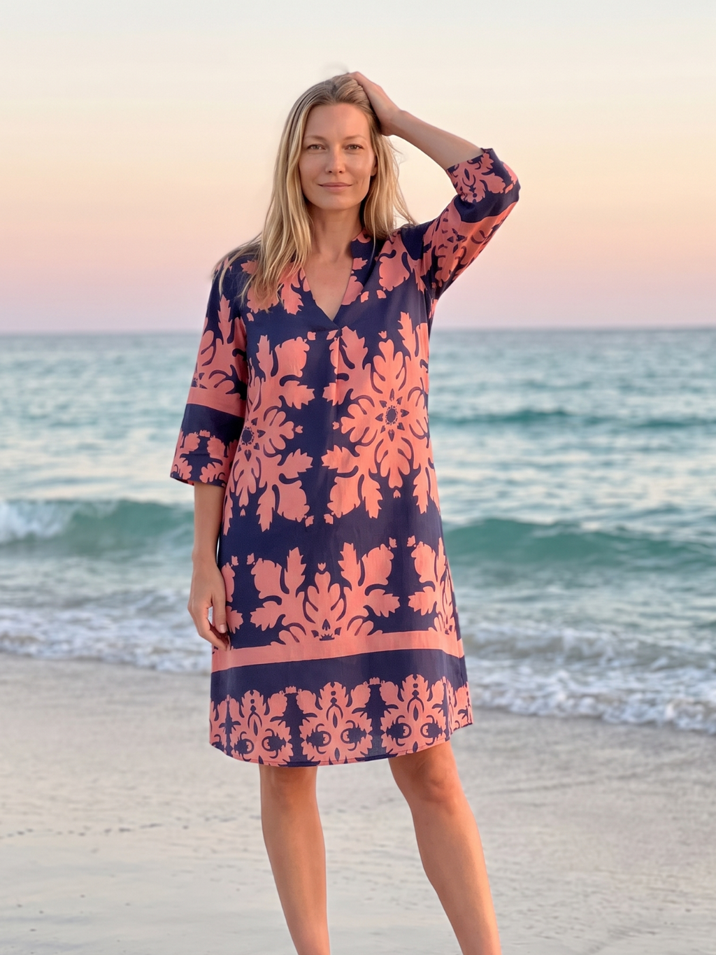 Talia | Damask Print Split Neck Shift Midi Dress