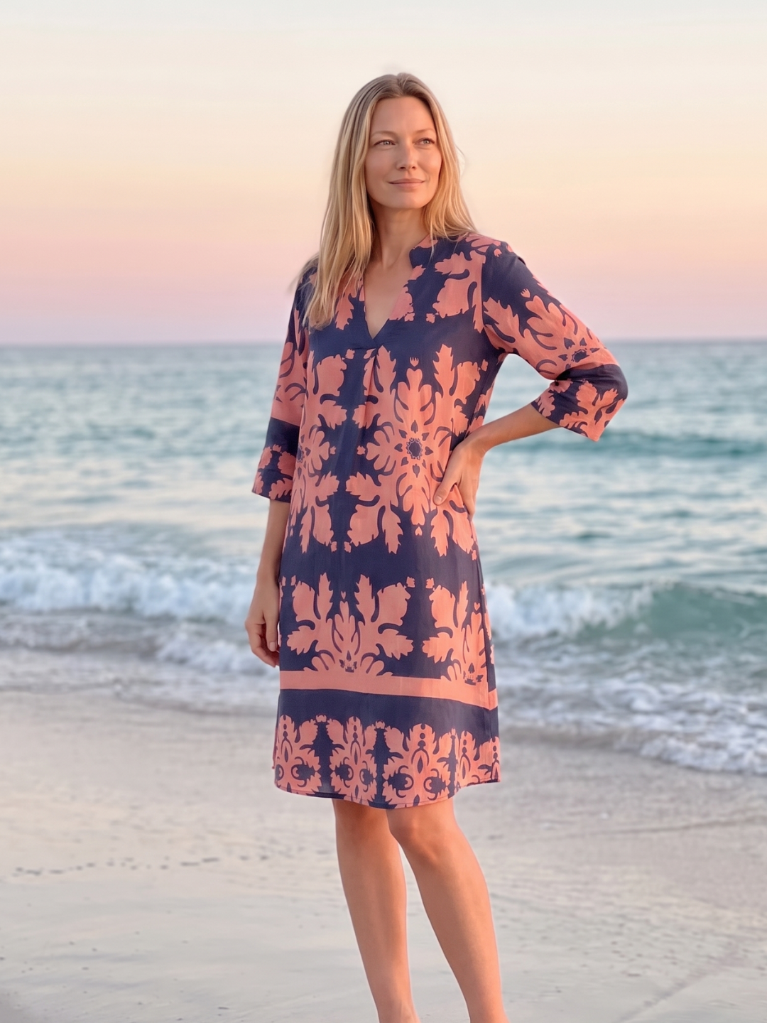 Talia | Damask Print Split Neck Shift Midi Dress