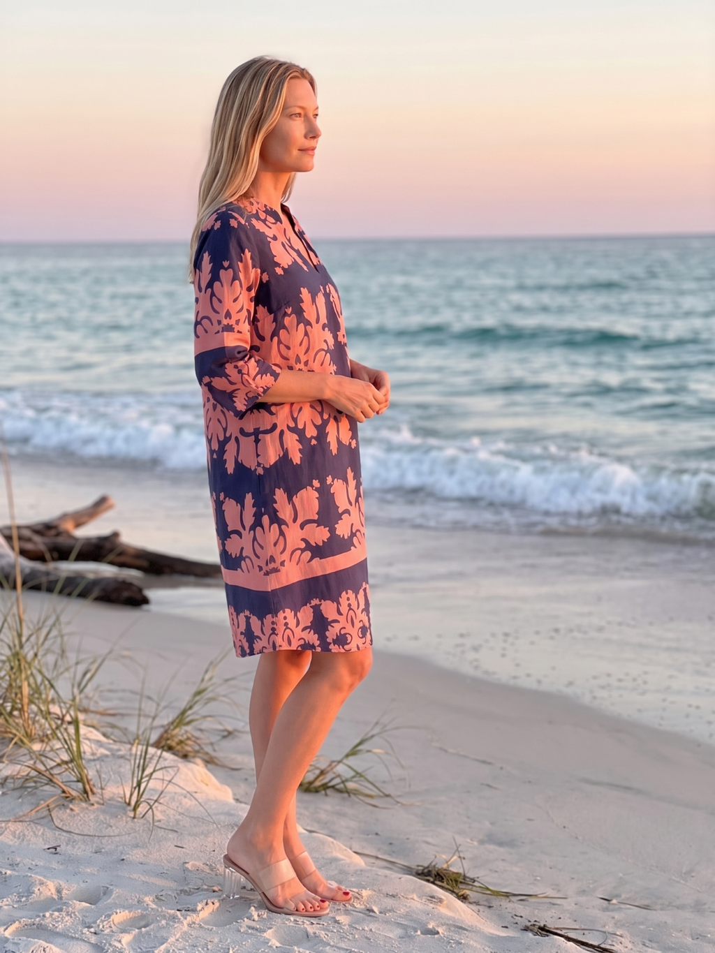 Talia | Damask Print Split Neck Shift Midi Dress