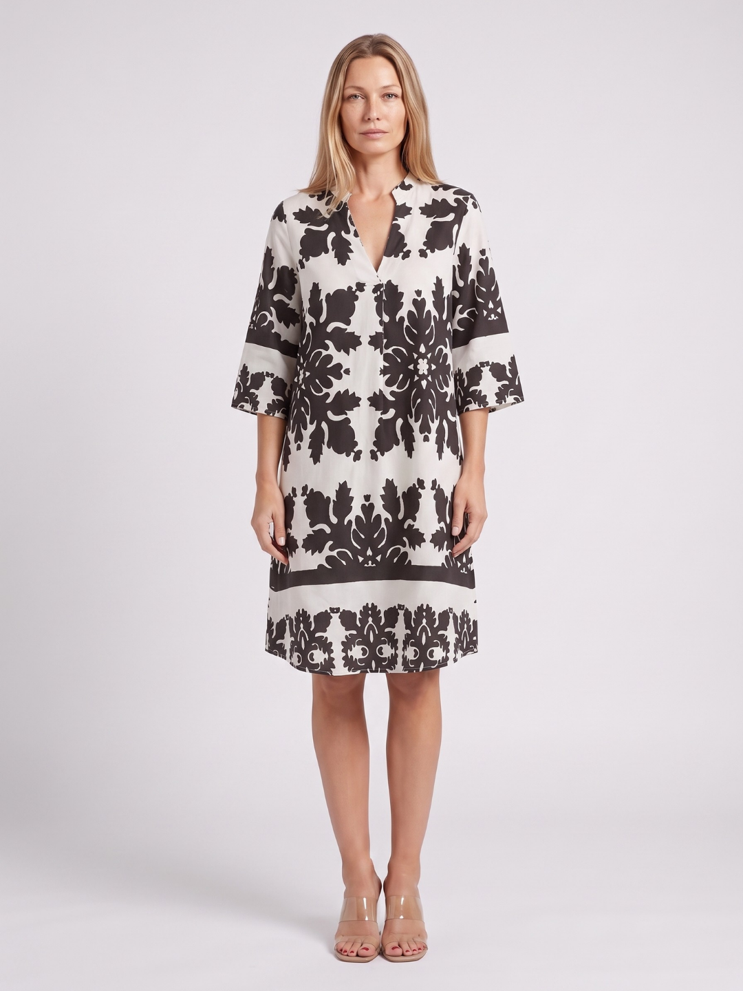 Talia | Damask Print Split Neck Shift Midi Dress