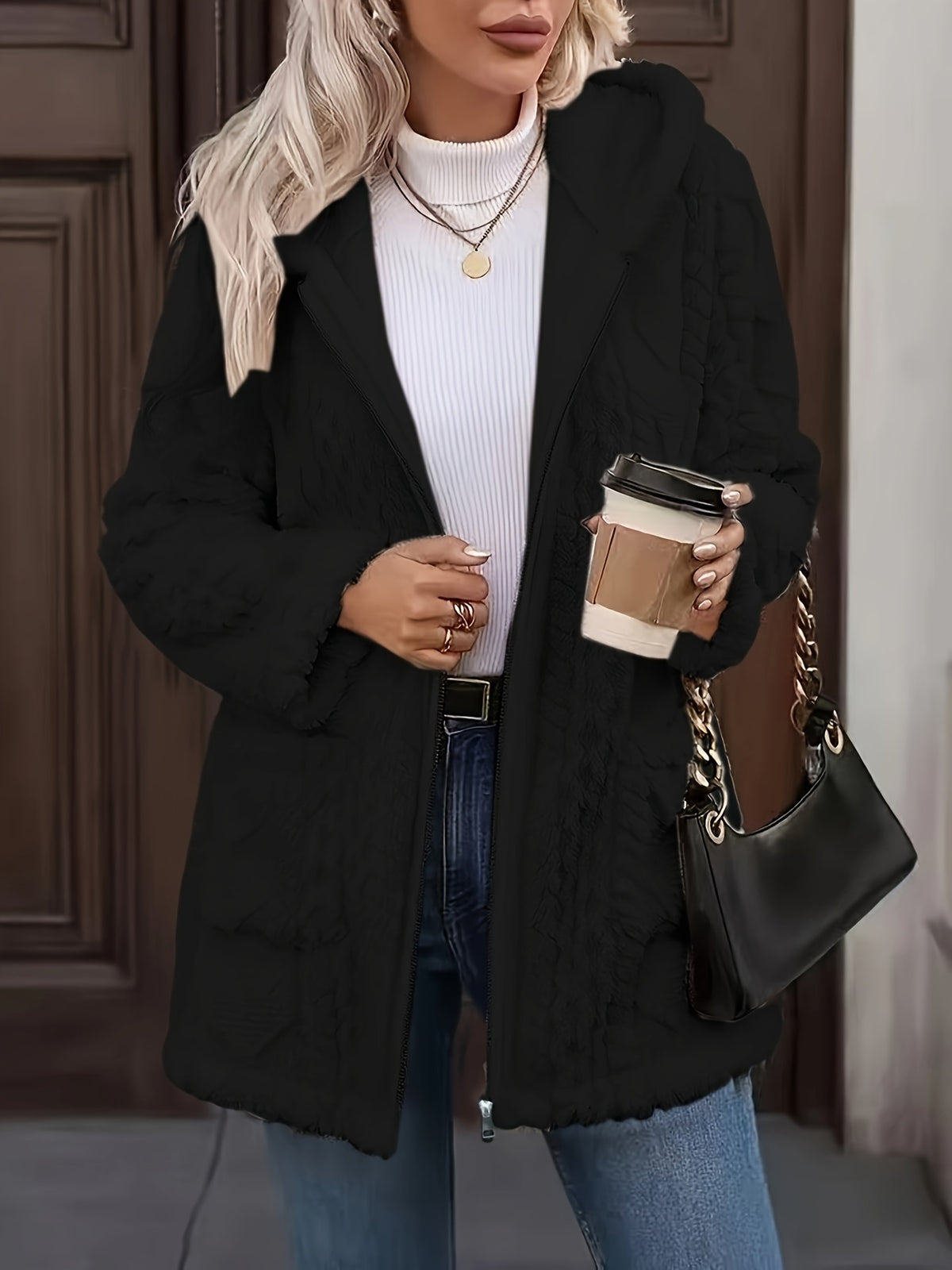 Hazel | Plush Zip Up Hooded Mid Length Coat - view 4