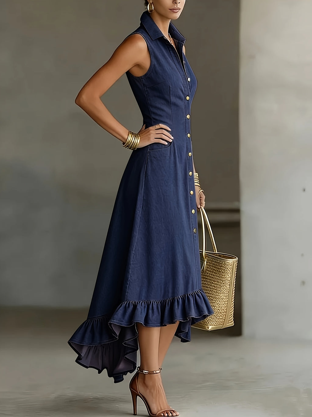 Hollis | Denim-Look Lapel Button-Up Midi Dress