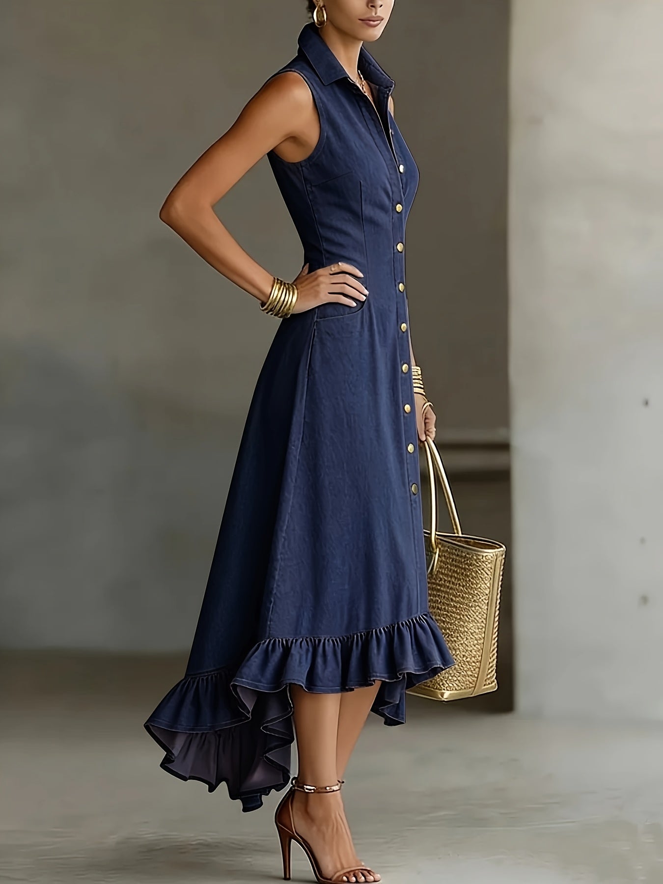 Hollis | Denim-Look Lapel Button-Up Midi Dress
