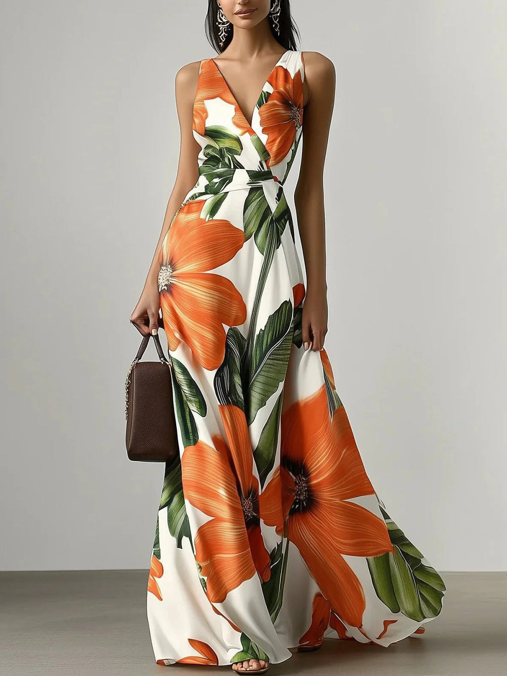Yvonne Women's Floral Satin A-Line Maxi Dress with Pockets