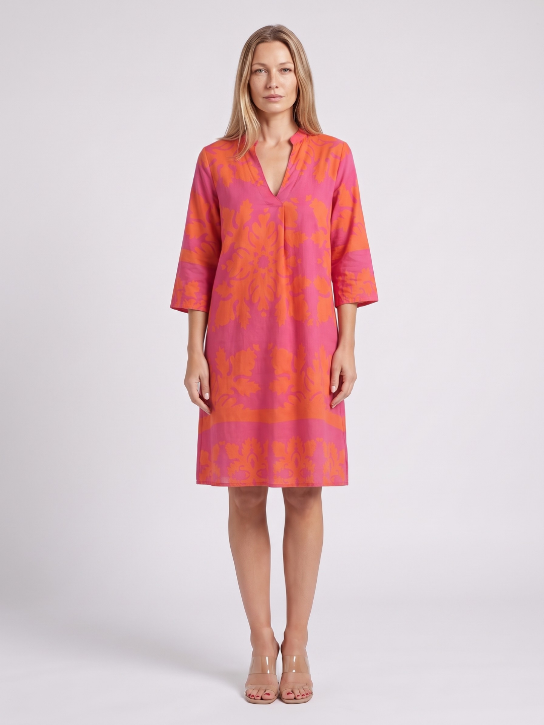 Talia | Damask Print Split Neck Shift Midi Dress