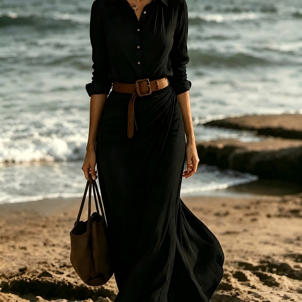Reese | Collared Button-Front Belted Shirt Maxi Dress