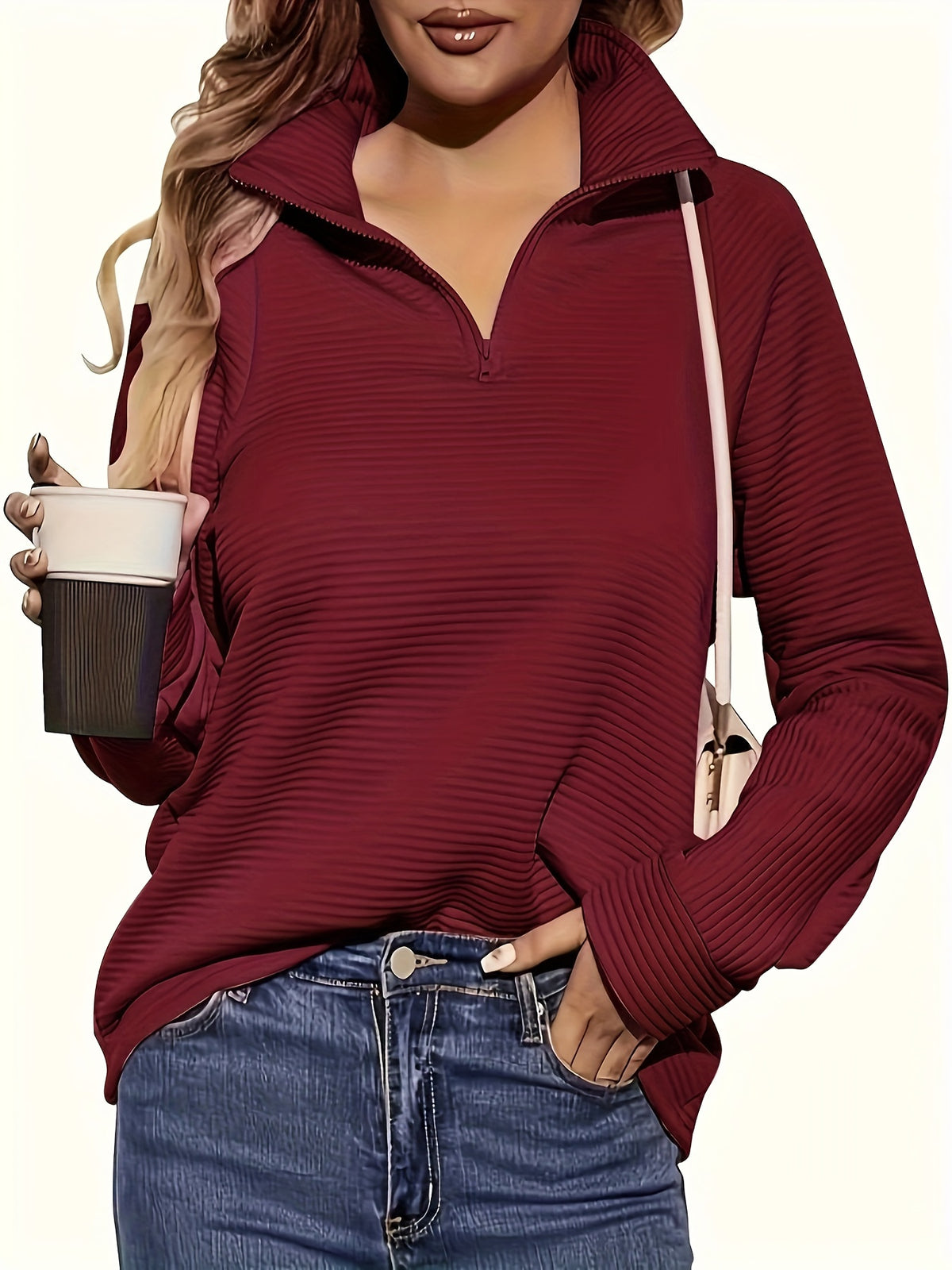 Delphine | Half Zip V Neck Pullover Sweater - view 4