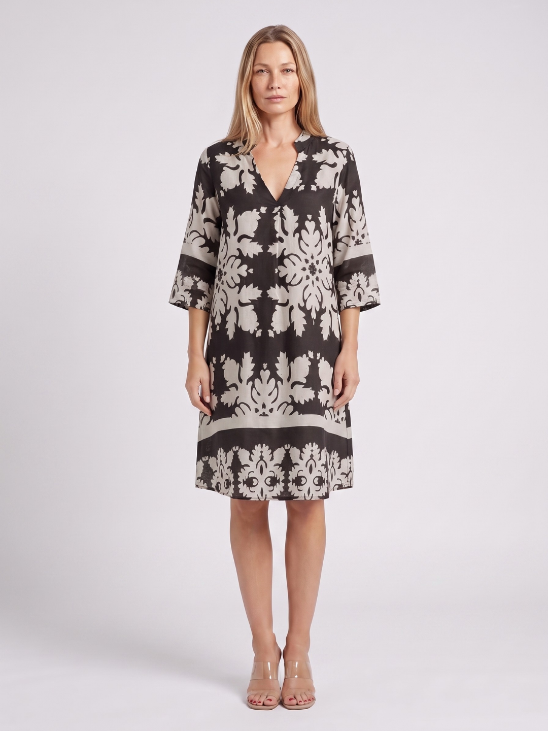 Talia | Damask Print Split Neck Shift Midi Dress