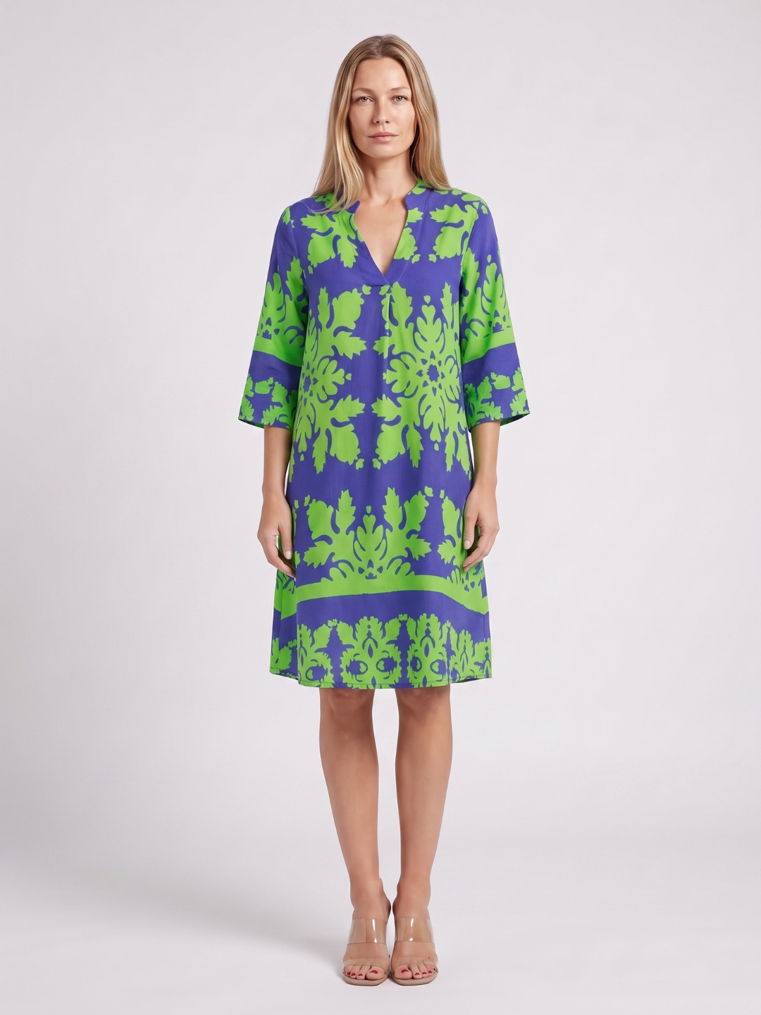 Talia | Damask Print Split Neck Shift Midi Dress