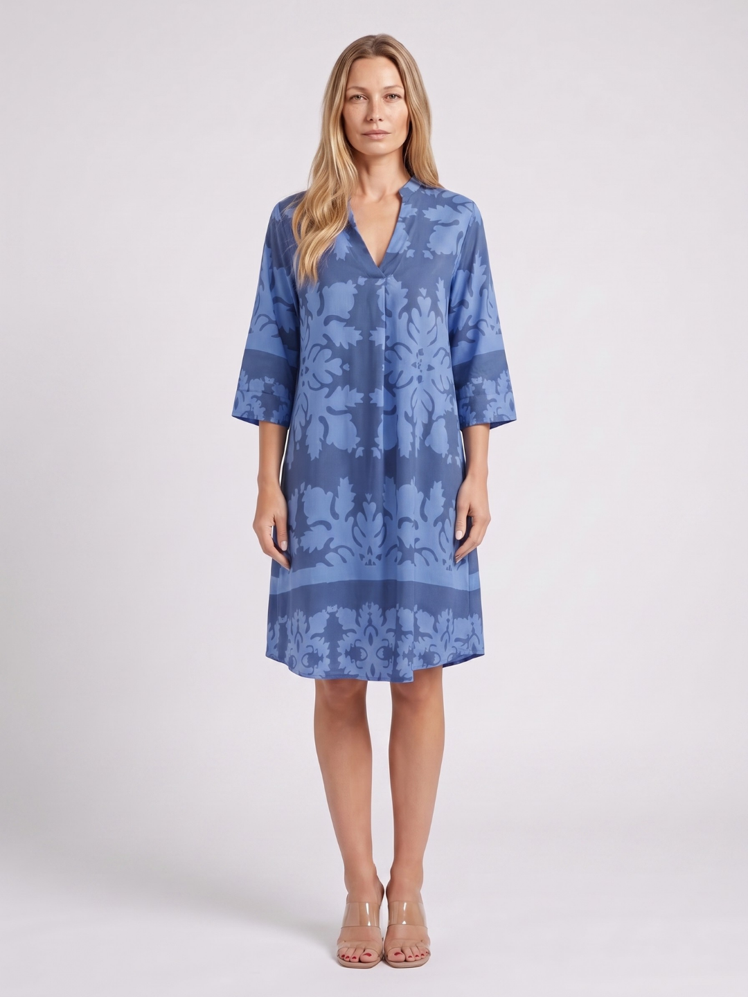 Talia | Damask Print Split Neck Shift Midi Dress