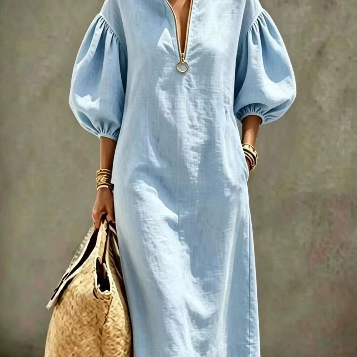 Palmer | Stand Collar Half-Zip Puff Sleeve Midi Dress