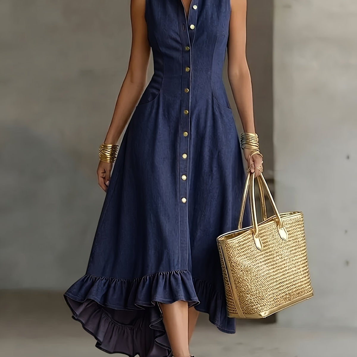 Hollis | Denim-Look Lapel Button-Up Midi Dress