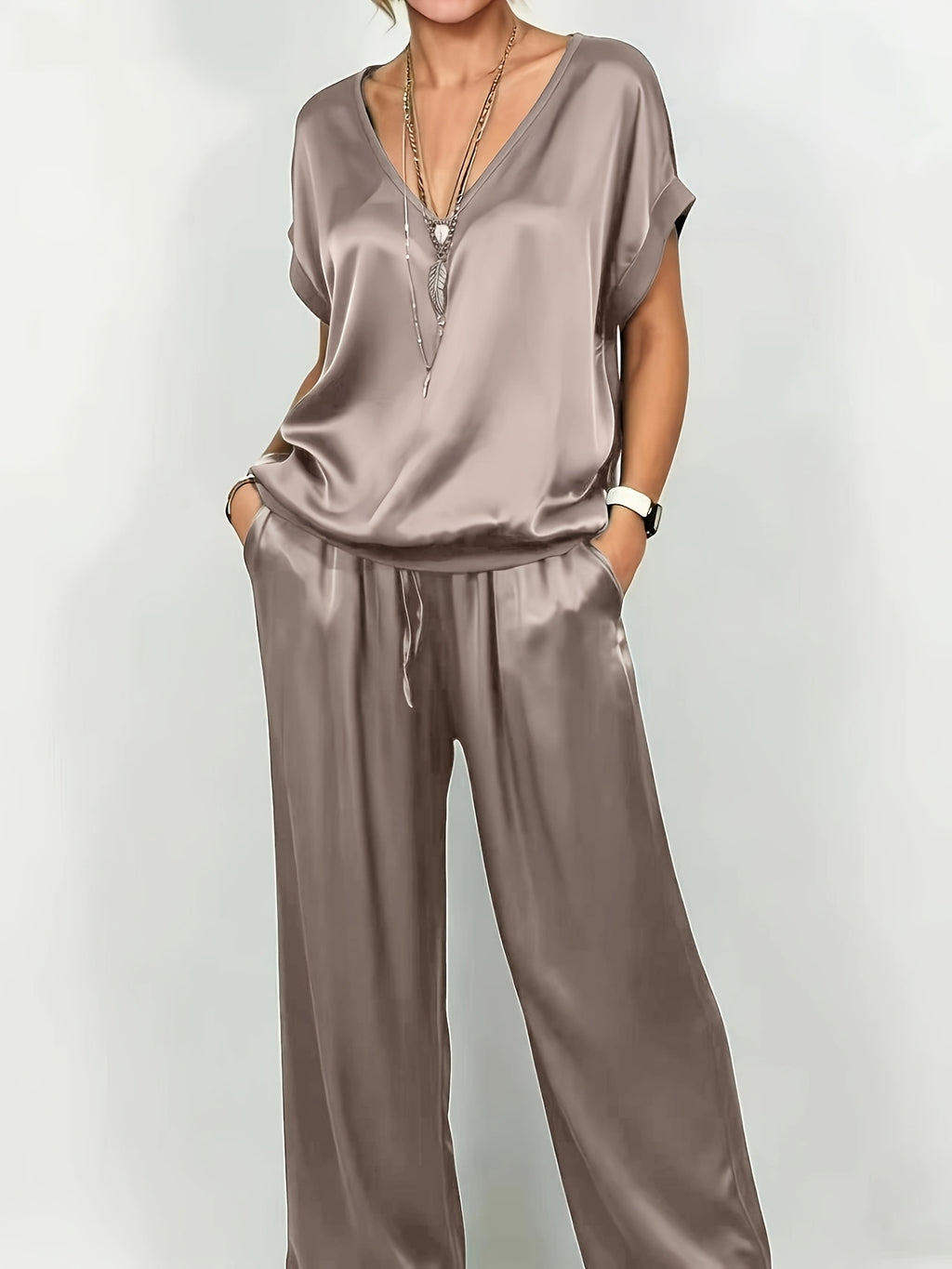 Wren | Satin V-Neck Top and Wide-Leg Pants Set