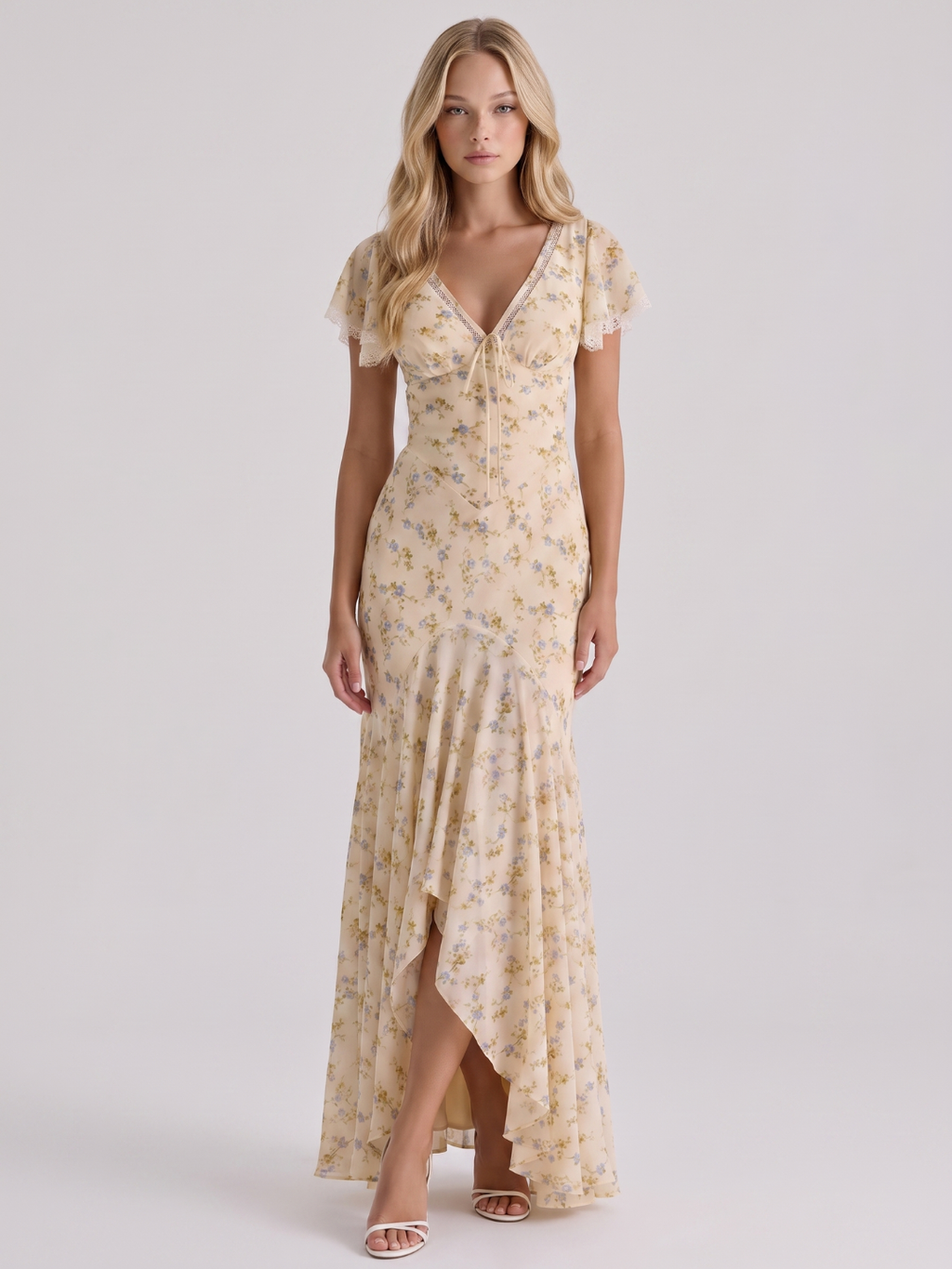 Rosalie | Ditsy Floral Flutter Sleeve High-Low Maxi Dress