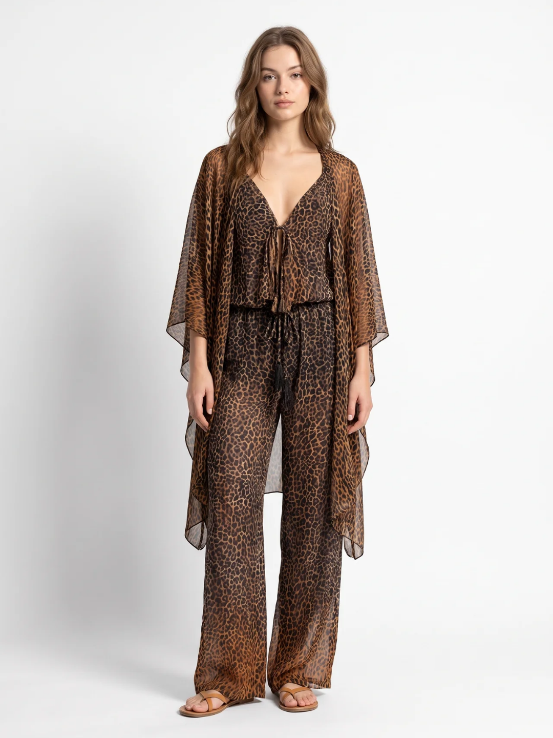 Tamsin | Leopard Print Kimono Wide-Leg Two-Piece Set