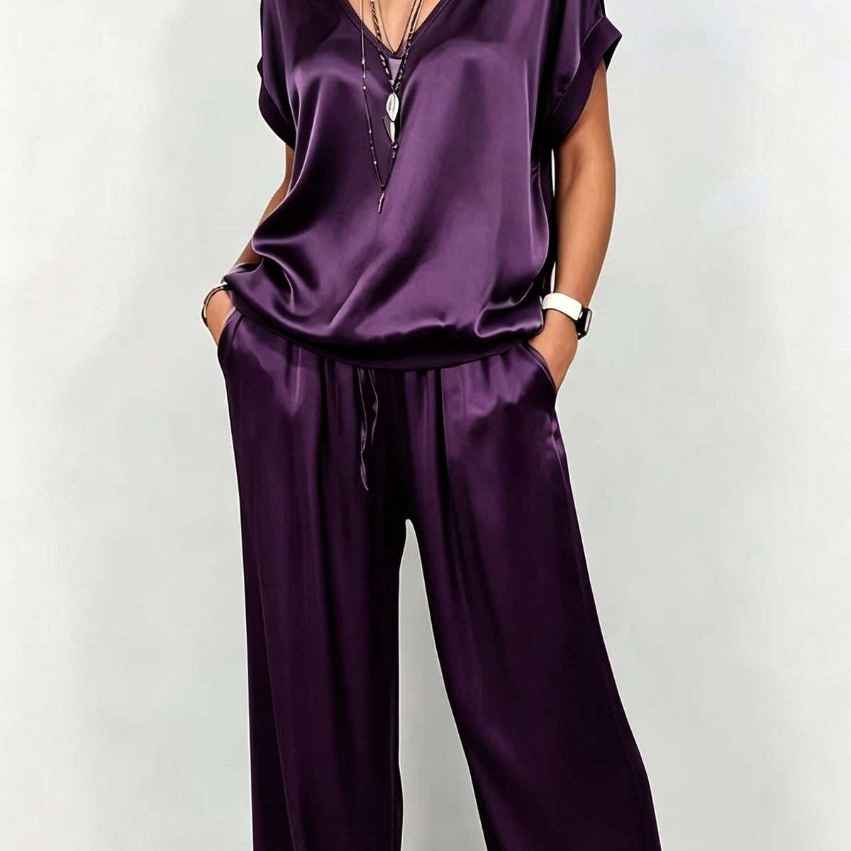 Wren | Satin V-Neck Top and Wide-Leg Pants Set