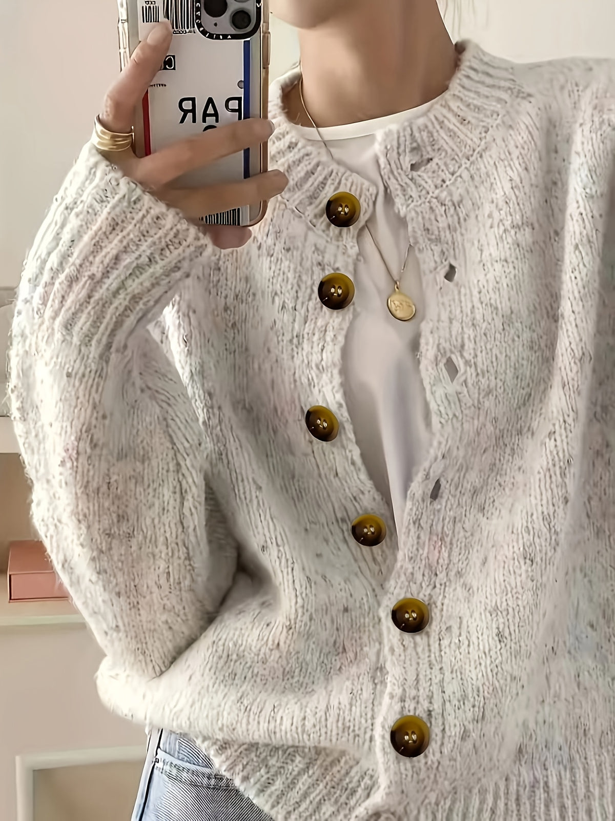 Anouk | Button Front Crew Neck Cardigan - front view