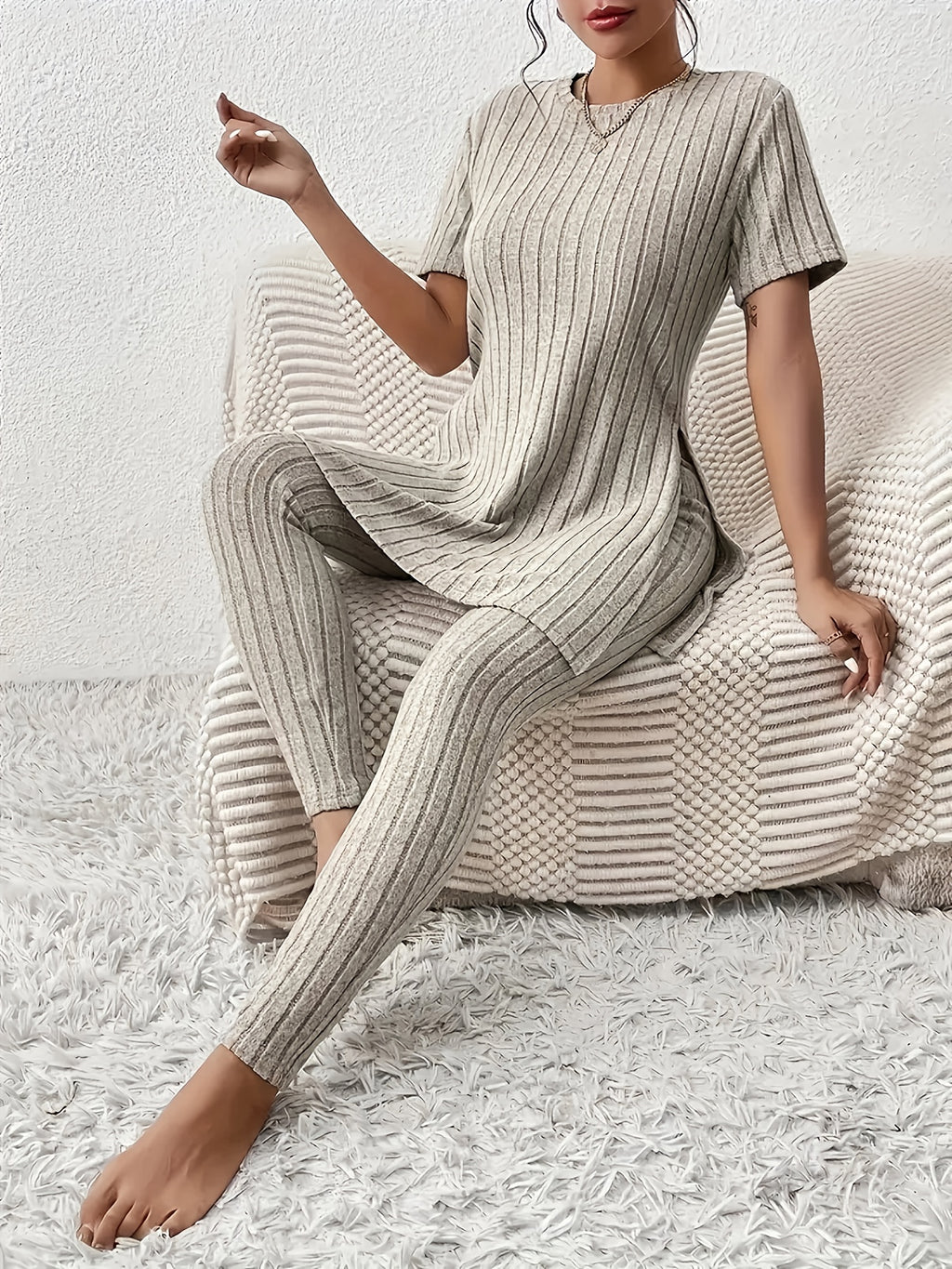 Noor | Striped Short Sleeve Lounge Set - front view
