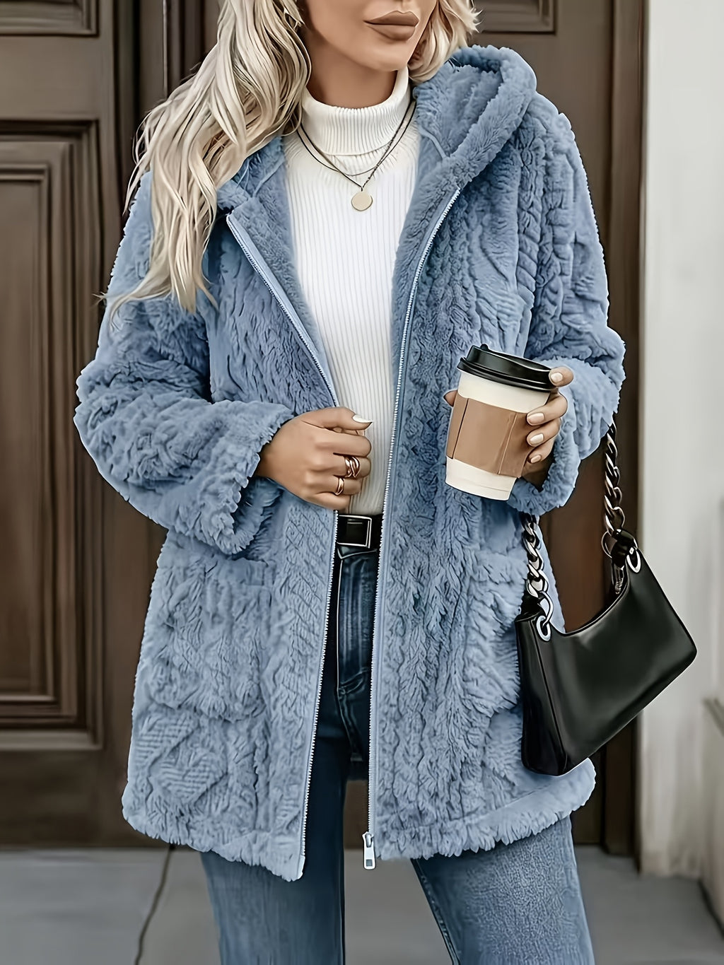 Hazel | Plush Zip Up Hooded Mid Length Coat - view 2