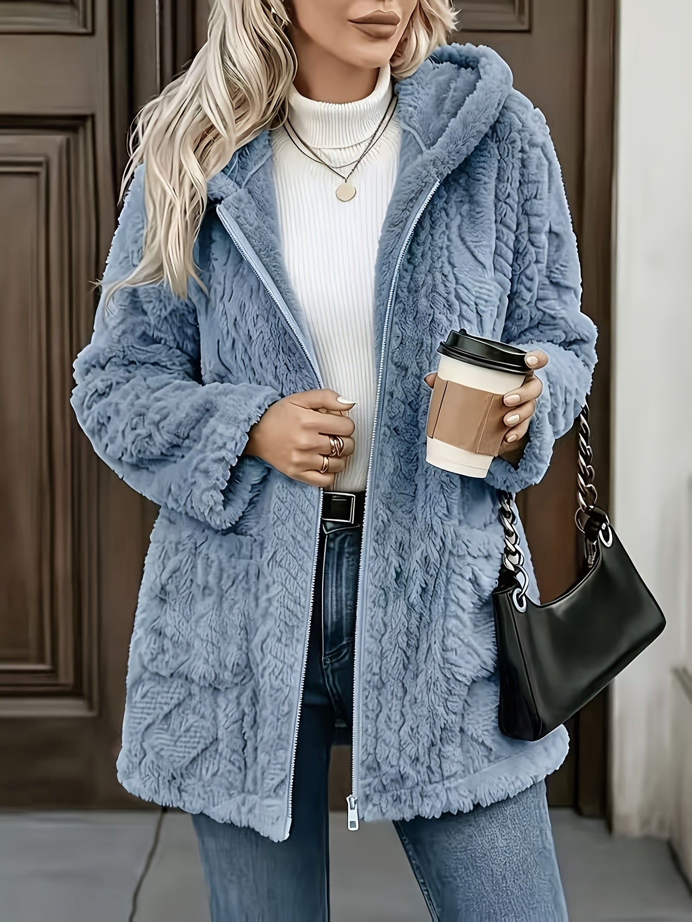 Hazel | Plush Zip Up Hooded Mid Length Coat - view 2
