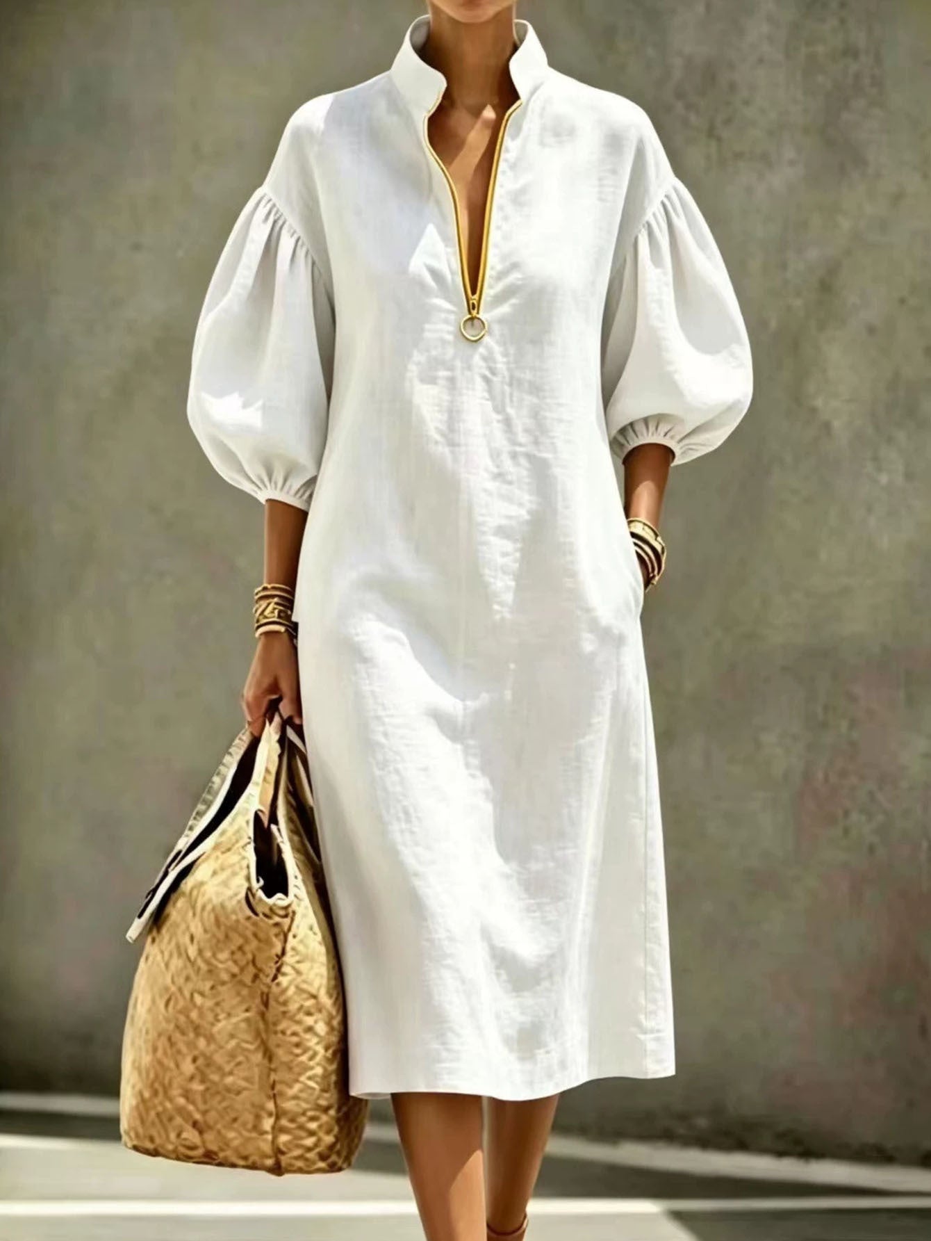 Palmer | Stand Collar Half-Zip Puff Sleeve Midi Dress