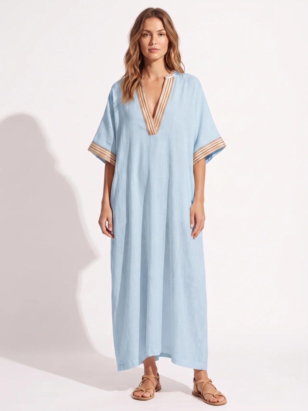 Solange | Contrast Trim V-Neck Kaftan Maxi Dress